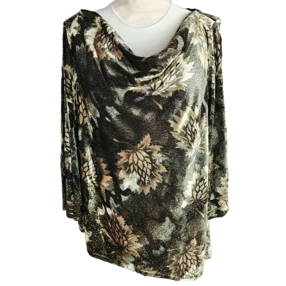 R & M Richards Asymmetrical Velour Glitter Top Women's 18 Black Champagne Fall